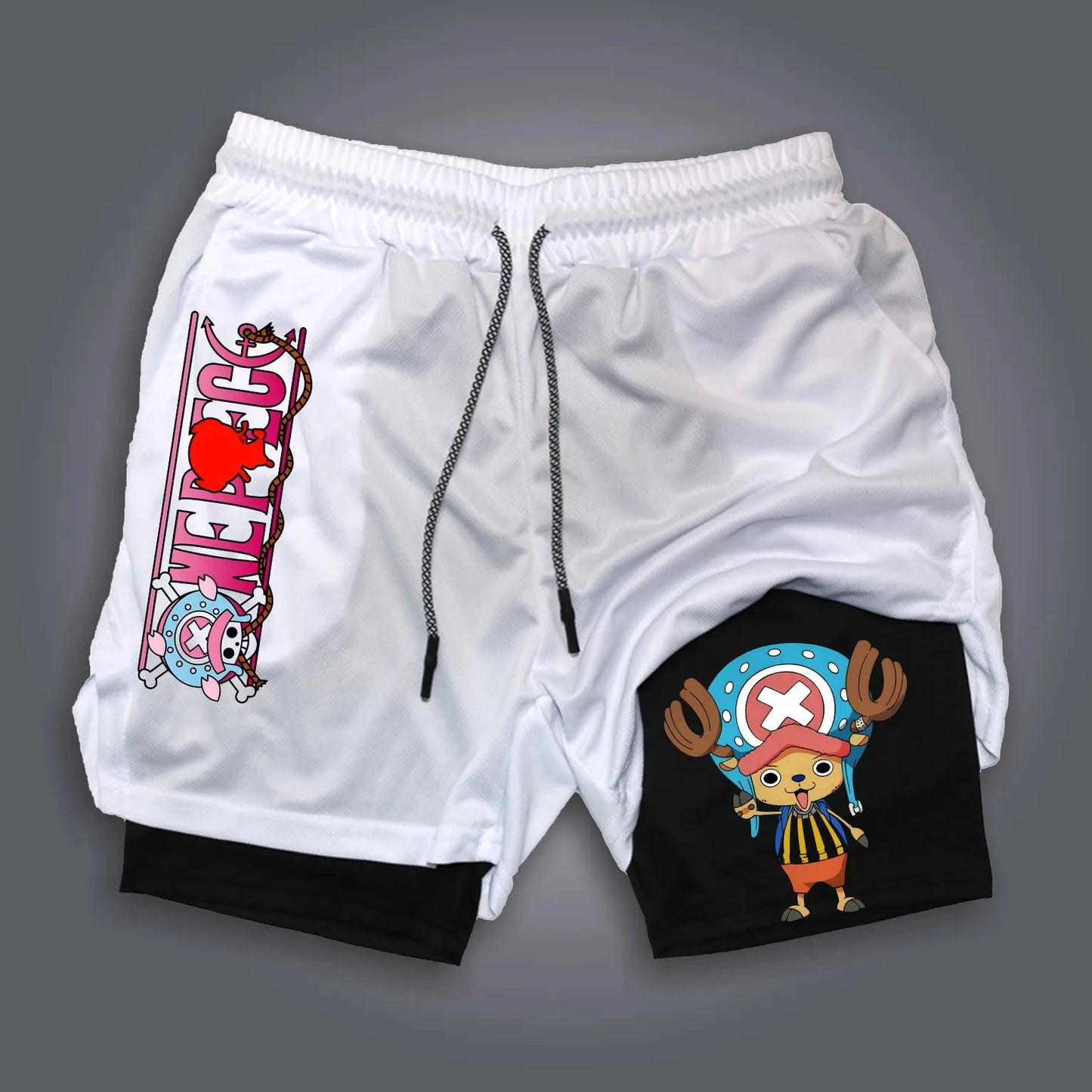 Pantalones cortos de doble capa con estampado periférico de Luffy de Anime clásico de una pieza, pantalones deportivos transpirables holgados de verano americano 2025 para hombre