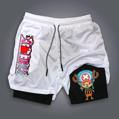 Pantalones cortos de doble capa con estampado periférico de Luffy de Anime clásico de una pieza, pantalones deportivos transpirables holgados de verano americano 2025 para hombre