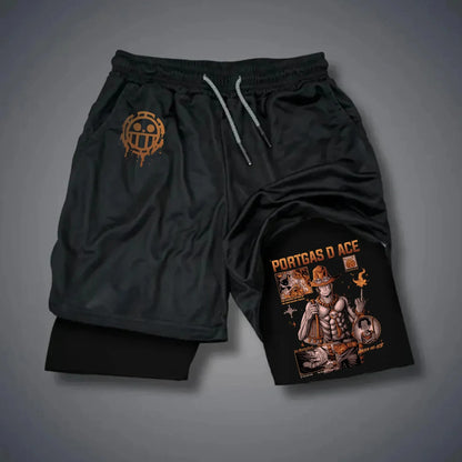 Pantalones cortos de doble capa con estampado periférico de Luffy de Anime clásico de una pieza, pantalones deportivos transpirables holgados de verano americano 2025 para hombre