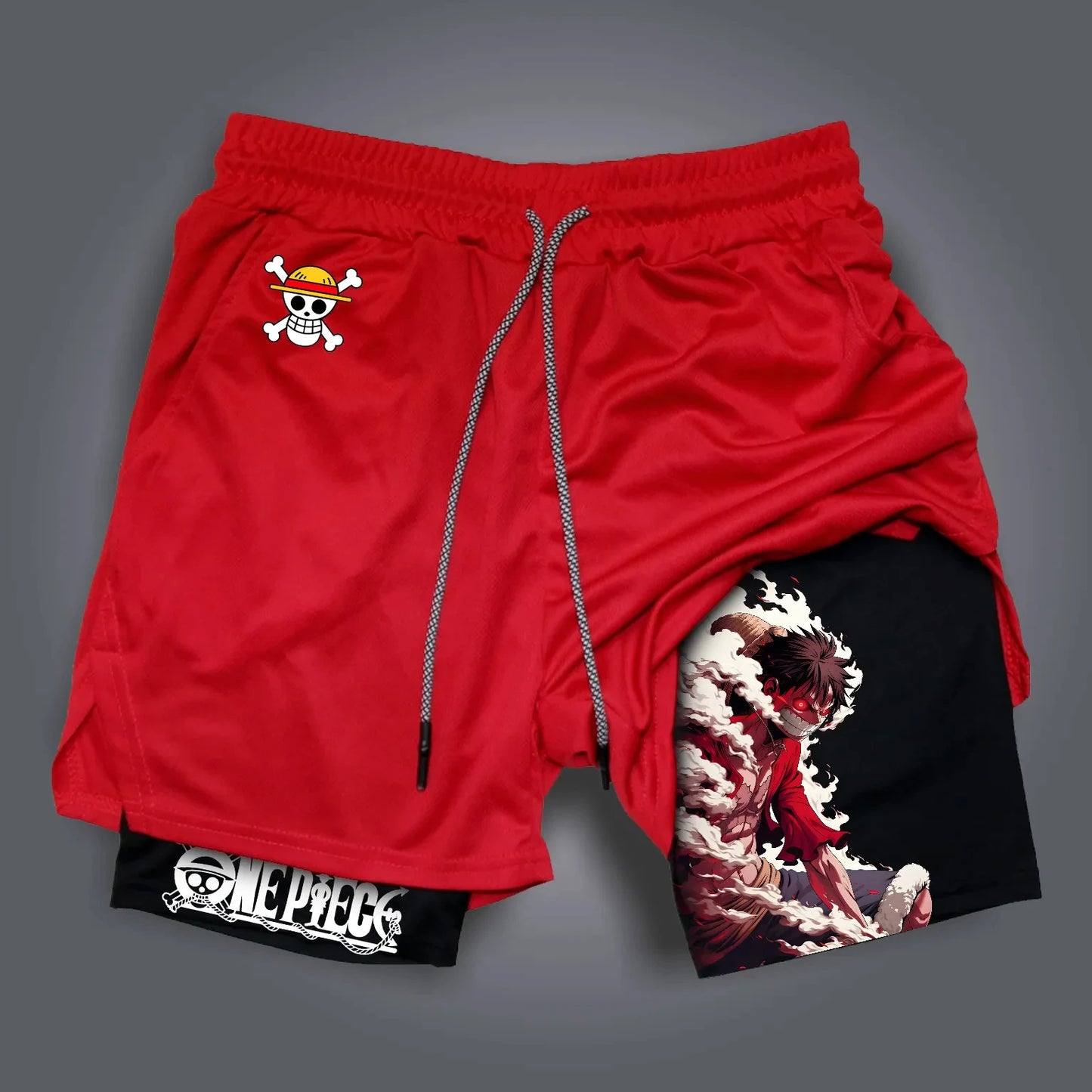 Pantalones cortos de doble capa con estampado periférico de Luffy de Anime clásico de una pieza, pantalones deportivos transpirables holgados de verano americano 2025 para hombre