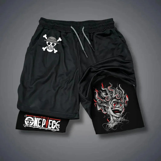 Pantalones cortos de doble capa con estampado periférico de Luffy de Anime clásico de una pieza, pantalones deportivos transpirables holgados de verano americano 2025 para hombre